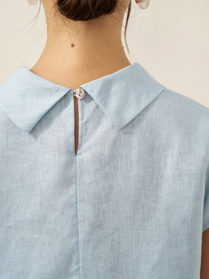 100% Linen Cap Sleeve Soft-Fold Collar Top YVONNE