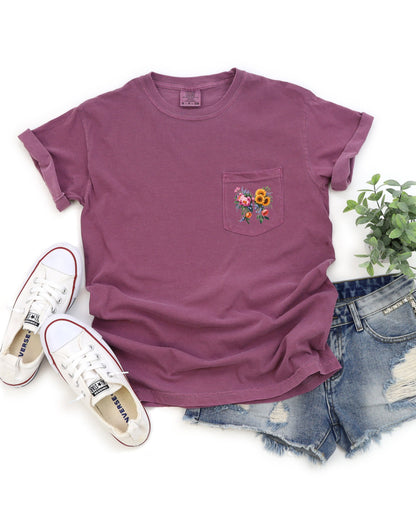 Wildflowers Bouquet Comfort Colors Pocket T-Shirt – Botanical Nature Camping Hiking Plant Graphic Tee